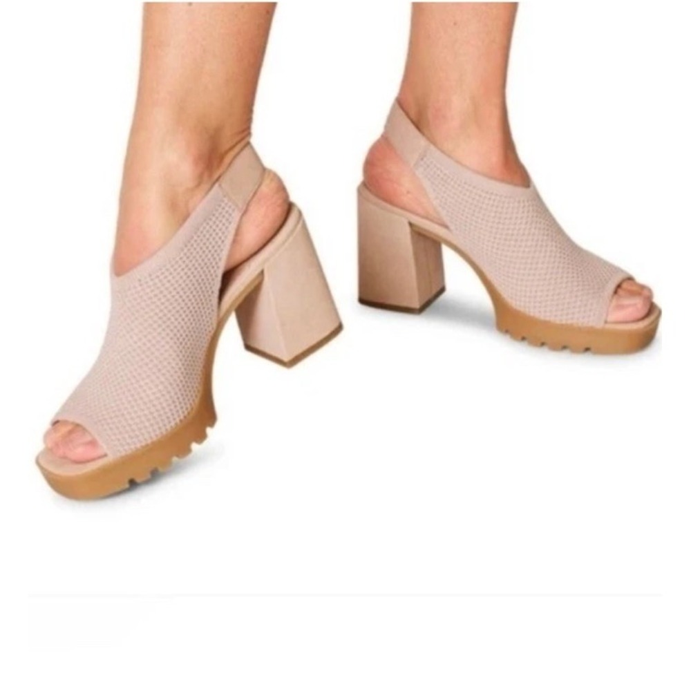 Eileen Fisher Sandals 10 Woven Cue Stretch Knit Peep Toe Comfort Minimalist Nude